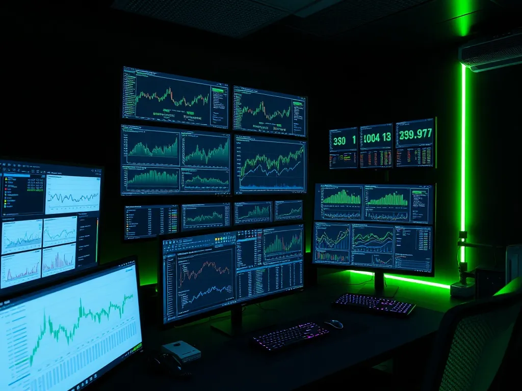 A high-tech workspace with multiple monitors showing financi