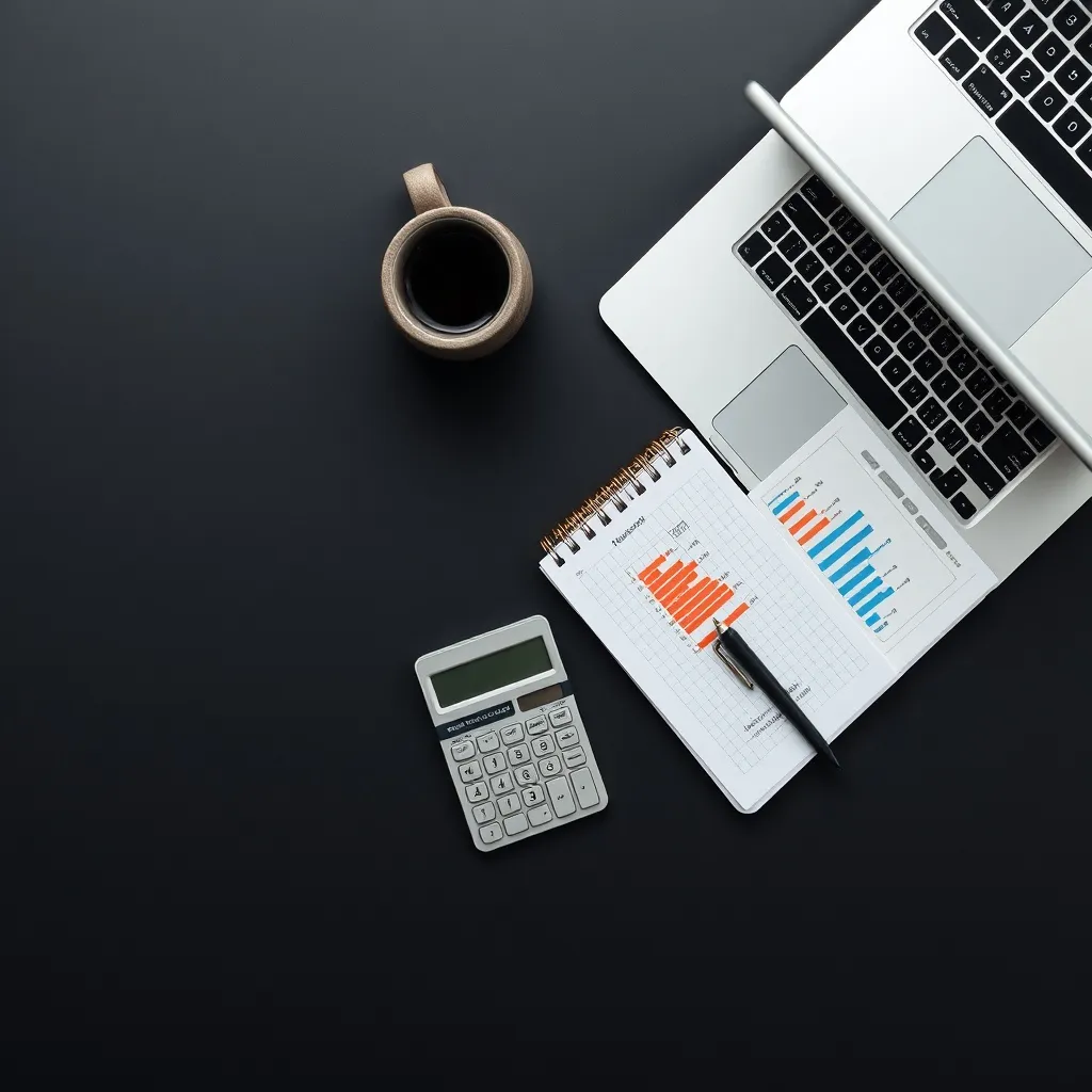 A high-contrast top-down professional desk view with a calcu