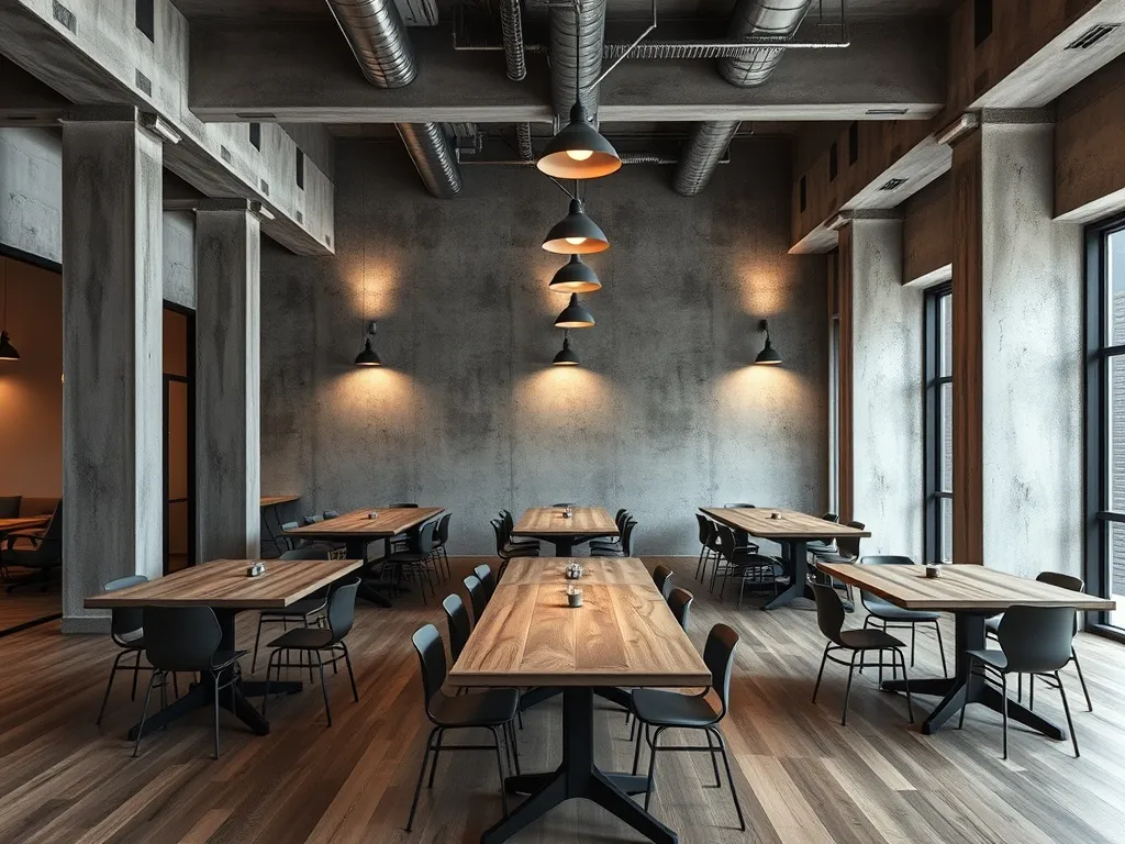 A modern brutalist coworking space with concrete walls, wood
