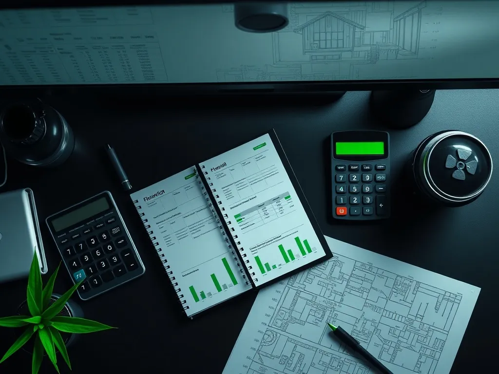 A technical top-down view of a modern desk with a financial