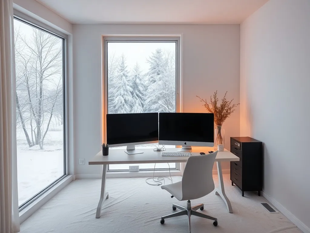 A minimalist modern home office in Winnipeg during winter, v